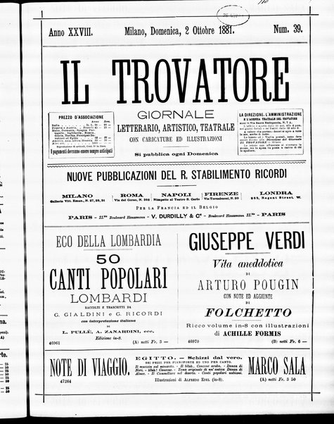 Il trovatore : giornale letterario, artistico, teatrale