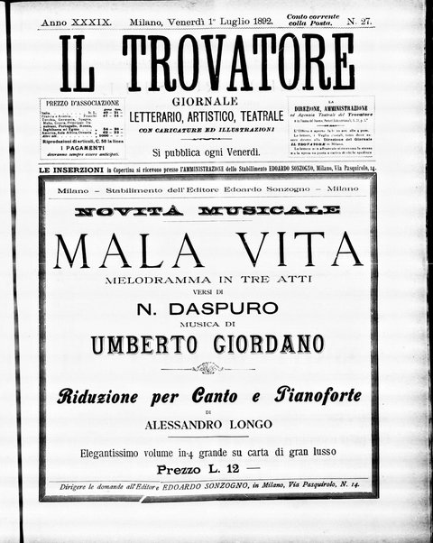 Il trovatore : giornale letterario, artistico, teatrale