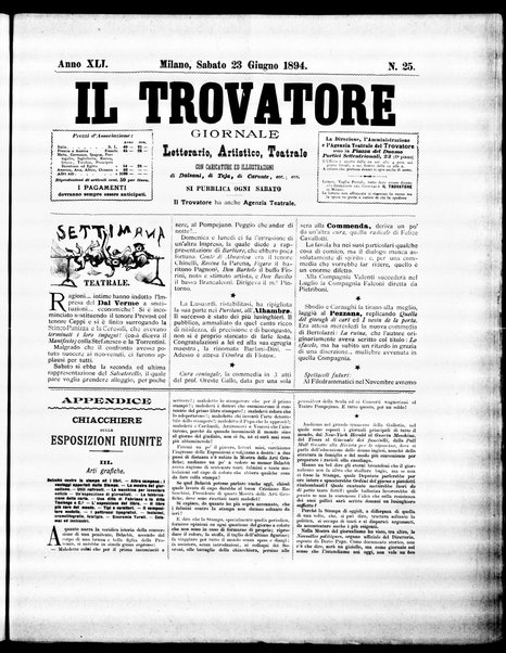 Il trovatore : giornale letterario, artistico, teatrale