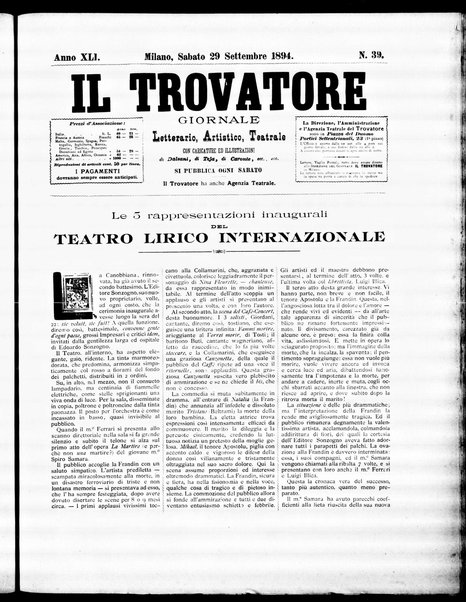 Il trovatore : giornale letterario, artistico, teatrale