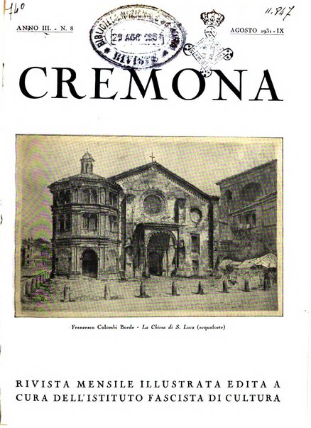 Cremona rivista mensile illustrata della Citta e Provincia