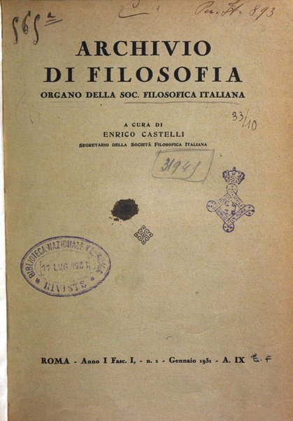 Archivio di filosofia organo della Società filosofica italiana