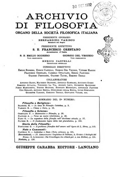 Archivio di filosofia organo della Società filosofica italiana