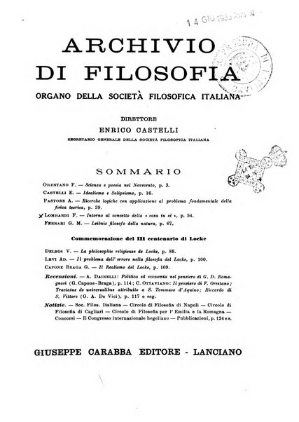 Archivio di filosofia organo della Società filosofica italiana