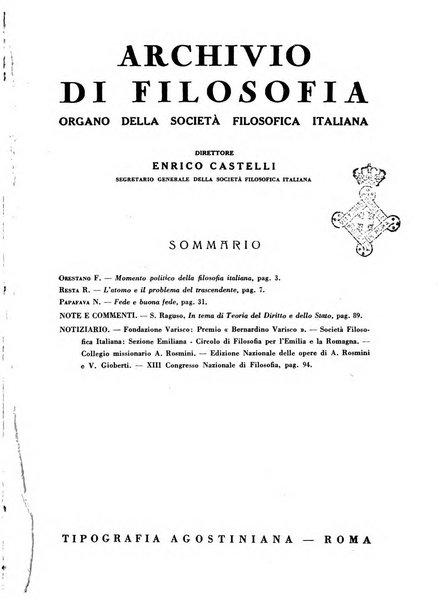 Archivio di filosofia organo della Società filosofica italiana