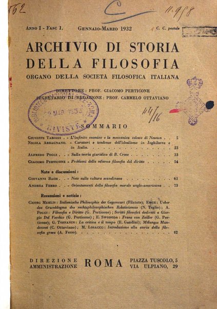 Archivio di storia della filosofia organo della Societa filosofica italiana