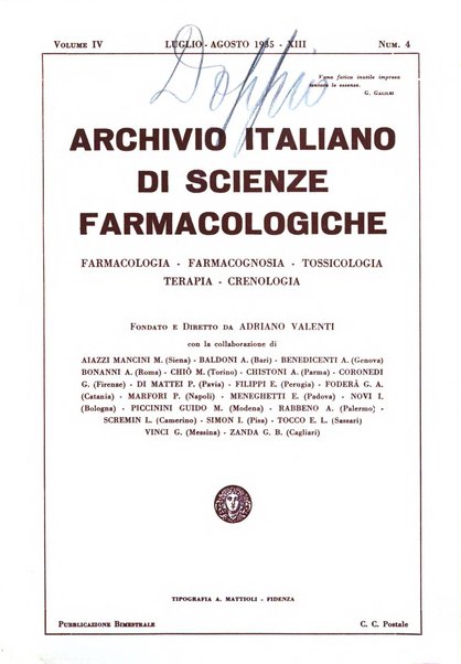 Archivio italiano di scienze farmacologiche farmacologia, farmacognosia, tossicologia, terapia, crenologia