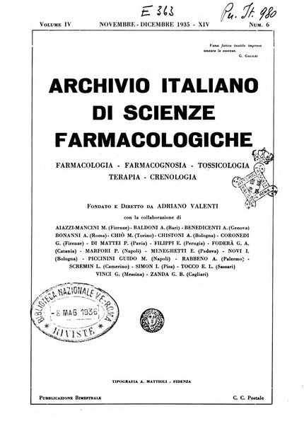Archivio italiano di scienze farmacologiche farmacologia, farmacognosia, tossicologia, terapia, crenologia