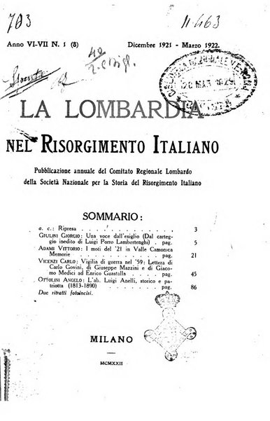 La Lombardia nel Risorgimento italiano bollettino trimestrale del Comitato regionale lombardo della Società nazionale per la storia del Risorgimento italiano