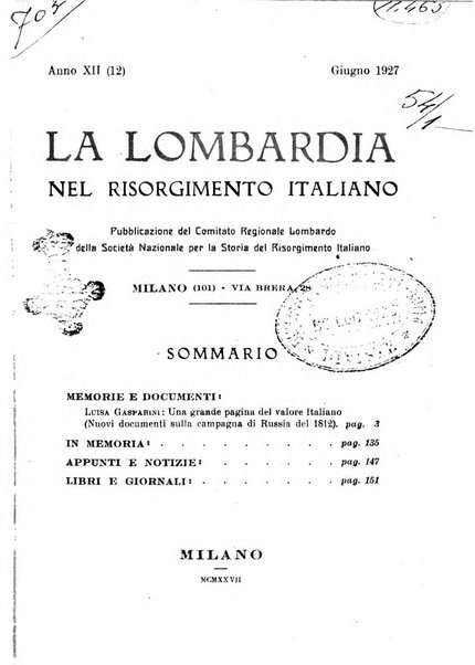 La Lombardia nel Risorgimento italiano bollettino trimestrale del Comitato regionale lombardo della Società nazionale per la storia del Risorgimento italiano