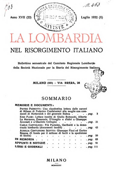 La Lombardia nel Risorgimento italiano bollettino trimestrale del Comitato regionale lombardo della Società nazionale per la storia del Risorgimento italiano