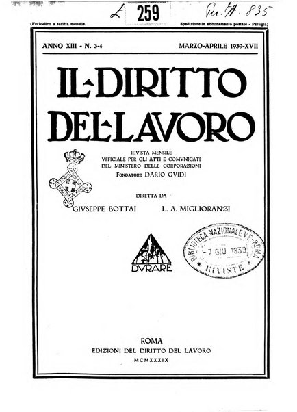 Il diritto del lavoro ufficiale del Ministero delle corporazioni per il bollettino