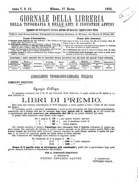 Giornale della libreria della tipografia e delle arti e industrie affini supplemento alla Bibliografia italiana, pubblicato dall'Associazione tipografico-libraria italiana