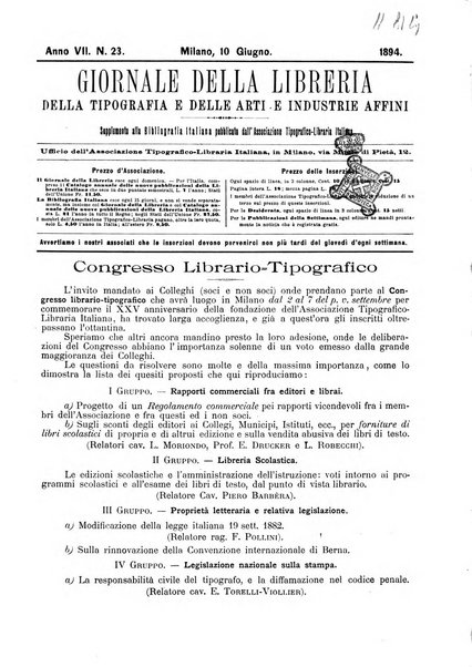 Giornale della libreria della tipografia e delle arti e industrie affini supplemento alla Bibliografia italiana, pubblicato dall'Associazione tipografico-libraria italiana