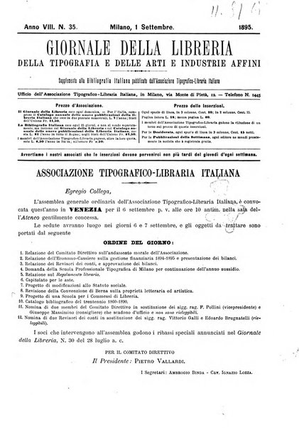 Giornale della libreria della tipografia e delle arti e industrie affini supplemento alla Bibliografia italiana, pubblicato dall'Associazione tipografico-libraria italiana