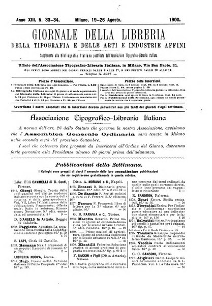 Giornale della libreria della tipografia e delle arti e industrie affini supplemento alla Bibliografia italiana, pubblicato dall'Associazione tipografico-libraria italiana