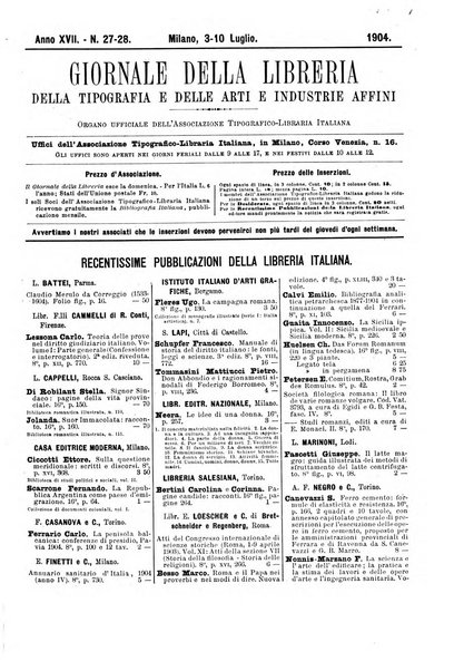 Giornale della libreria della tipografia e delle arti e industrie affini supplemento alla Bibliografia italiana, pubblicato dall'Associazione tipografico-libraria italiana