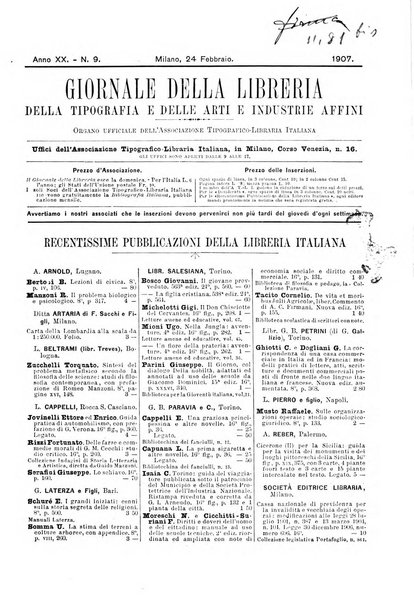 Giornale della libreria della tipografia e delle arti e industrie affini supplemento alla Bibliografia italiana, pubblicato dall'Associazione tipografico-libraria italiana