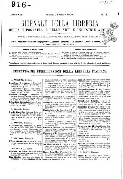 Giornale della libreria della tipografia e delle arti e industrie affini supplemento alla Bibliografia italiana, pubblicato dall'Associazione tipografico-libraria italiana