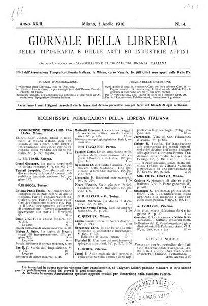 Giornale della libreria della tipografia e delle arti e industrie affini supplemento alla Bibliografia italiana, pubblicato dall'Associazione tipografico-libraria italiana