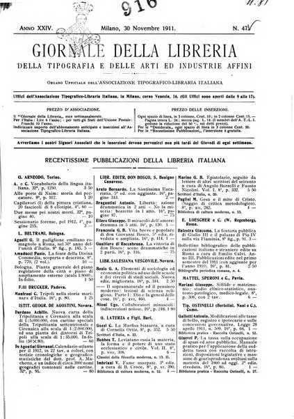 Giornale della libreria della tipografia e delle arti e industrie affini supplemento alla Bibliografia italiana, pubblicato dall'Associazione tipografico-libraria italiana