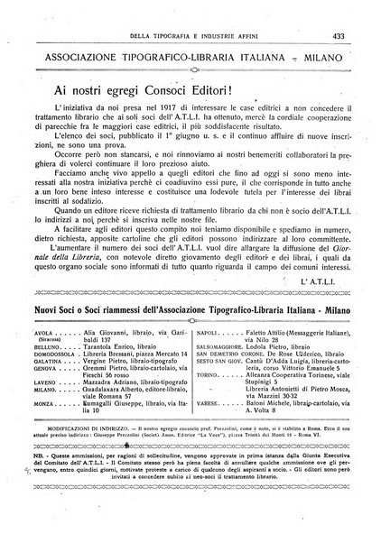 Giornale della libreria della tipografia e delle arti e industrie affini supplemento alla Bibliografia italiana, pubblicato dall'Associazione tipografico-libraria italiana