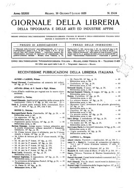 Giornale della libreria della tipografia e delle arti e industrie affini supplemento alla Bibliografia italiana, pubblicato dall'Associazione tipografico-libraria italiana