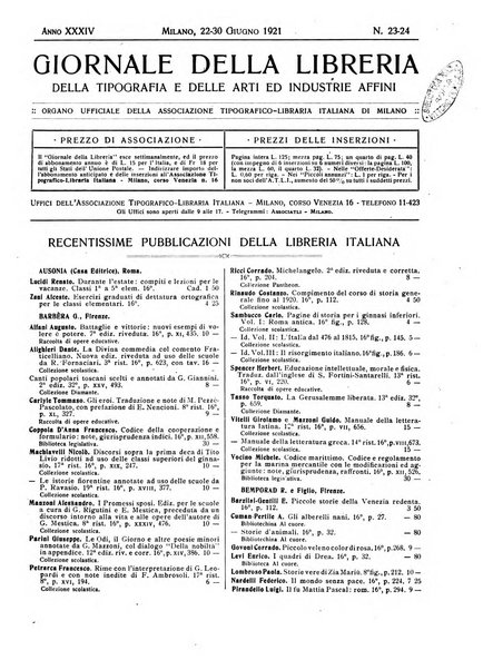 Giornale della libreria della tipografia e delle arti e industrie affini supplemento alla Bibliografia italiana, pubblicato dall'Associazione tipografico-libraria italiana