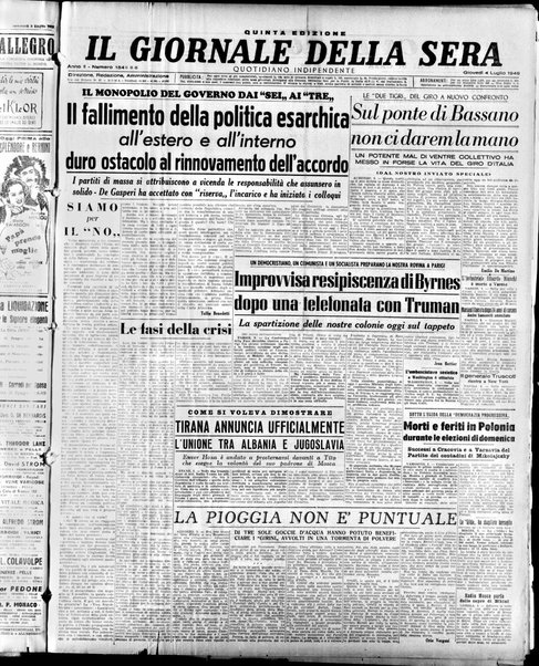 Il giornale della sera : quotidiano indipendente di informazioni