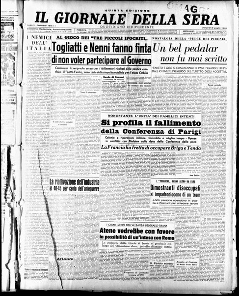 Il giornale della sera : quotidiano indipendente di informazioni