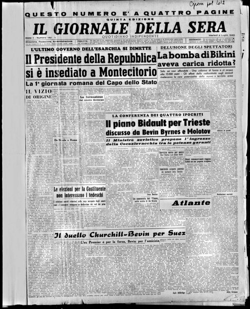 Il giornale della sera : quotidiano indipendente di informazioni