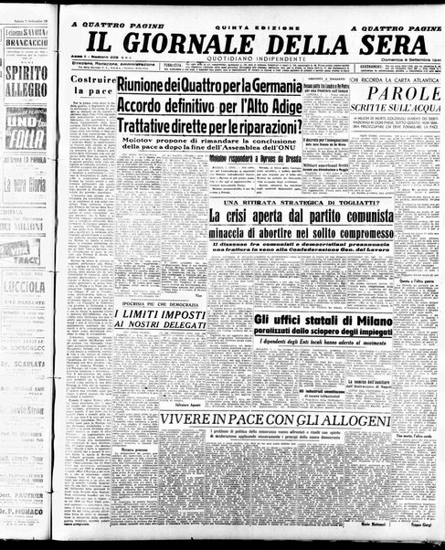 Il giornale della sera : quotidiano indipendente di informazioni