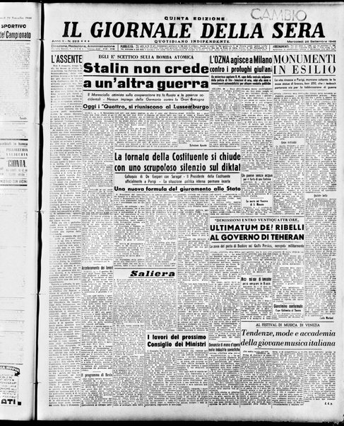 Il giornale della sera : quotidiano indipendente di informazioni