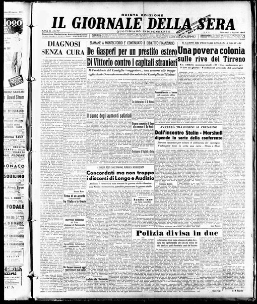 Il giornale della sera : quotidiano indipendente di informazioni