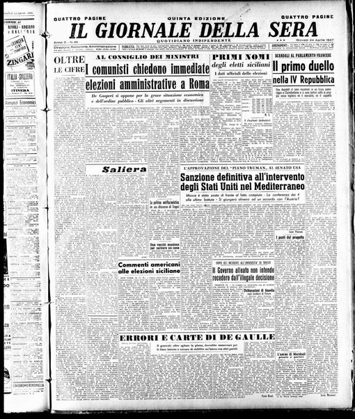 Il giornale della sera : quotidiano indipendente di informazioni