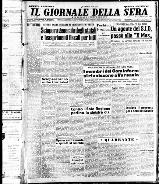 Il giornale della sera : quotidiano indipendente di informazioni