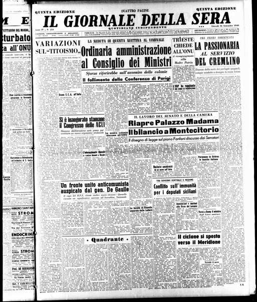 Il giornale della sera : quotidiano indipendente di informazioni