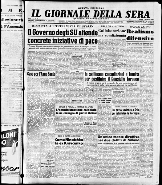 Il giornale della sera : quotidiano indipendente di informazioni