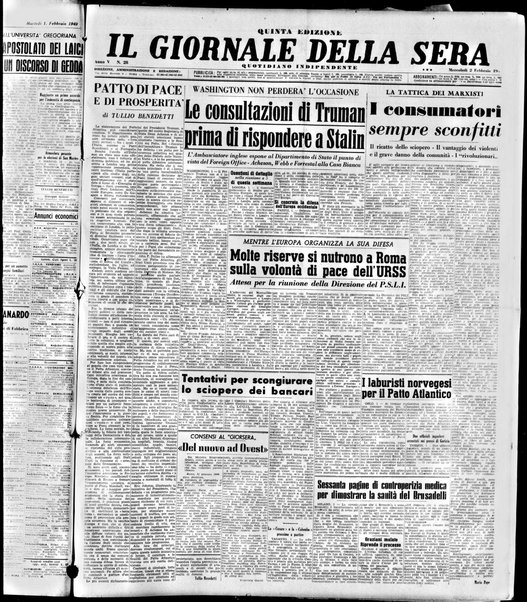 Il giornale della sera : quotidiano indipendente di informazioni