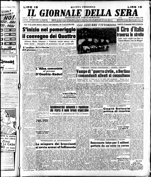 Il giornale della sera : quotidiano indipendente di informazioni