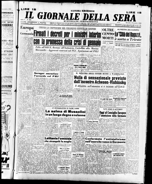 Il giornale della sera : quotidiano indipendente di informazioni