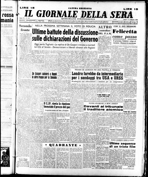 Il giornale della sera : quotidiano indipendente di informazioni