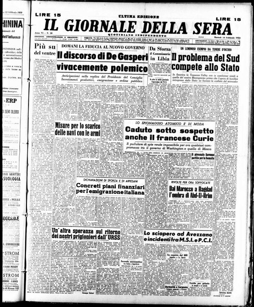 Il giornale della sera : quotidiano indipendente di informazioni