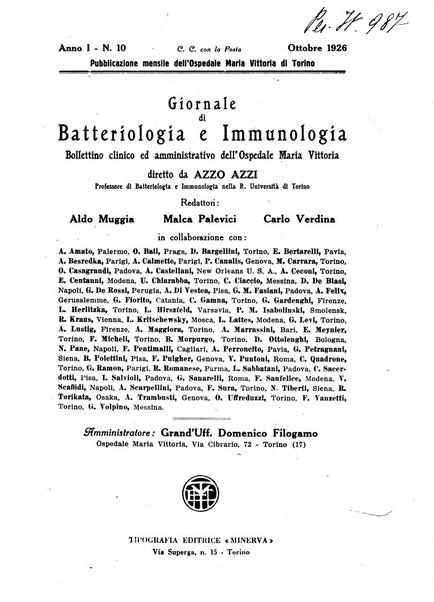 Giornale di batteriologia e immunologia bollettino clinico ed amministrativo dell'Ospedale Maria Vittoria