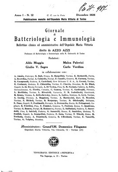 Giornale di batteriologia e immunologia bollettino clinico ed amministrativo dell'Ospedale Maria Vittoria