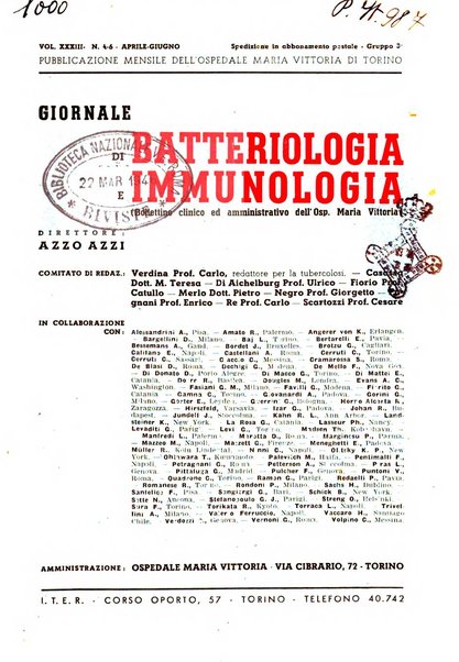 Giornale di batteriologia e immunologia bollettino clinico ed amministrativo dell'Ospedale Maria Vittoria