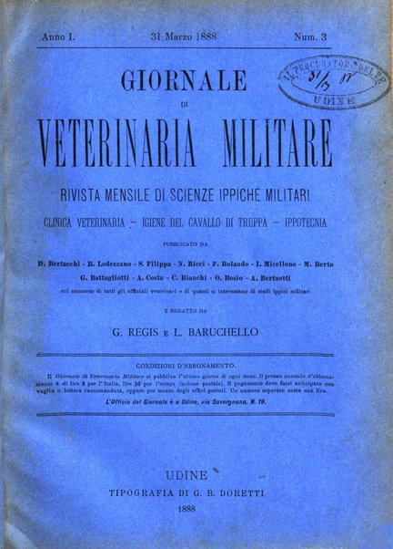 Giornale di veterinaria militare rivista mensile di scienze ippiche militari, clinica veterinaria, igiene del cavallo di truppa, ippotecnia