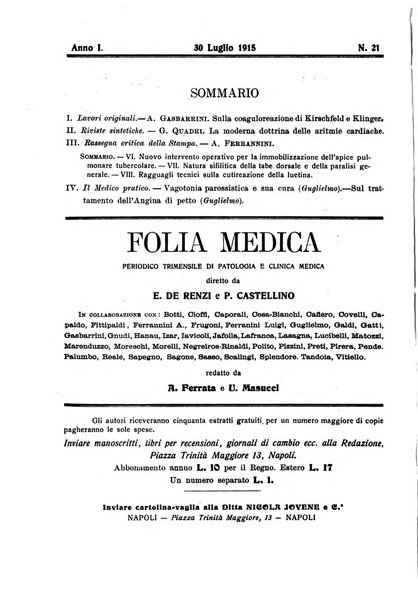 Folia medica periodico trimensile di patologia e clinica medica