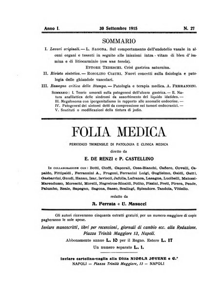 Folia medica periodico trimensile di patologia e clinica medica