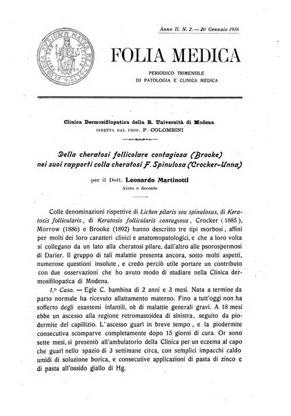 Folia medica periodico trimensile di patologia e clinica medica